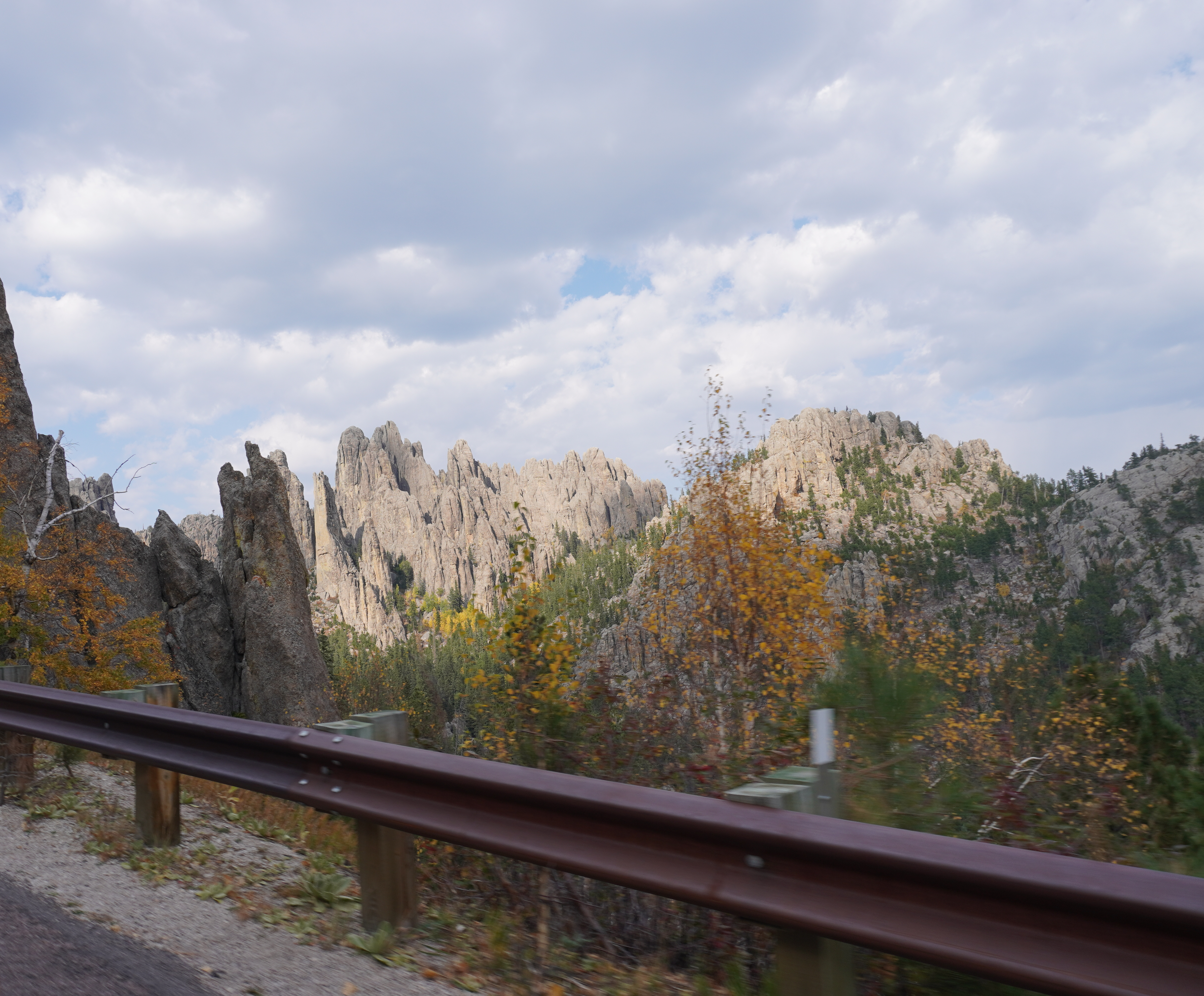 The scenic Needles Highway accompanied by the fall trees.